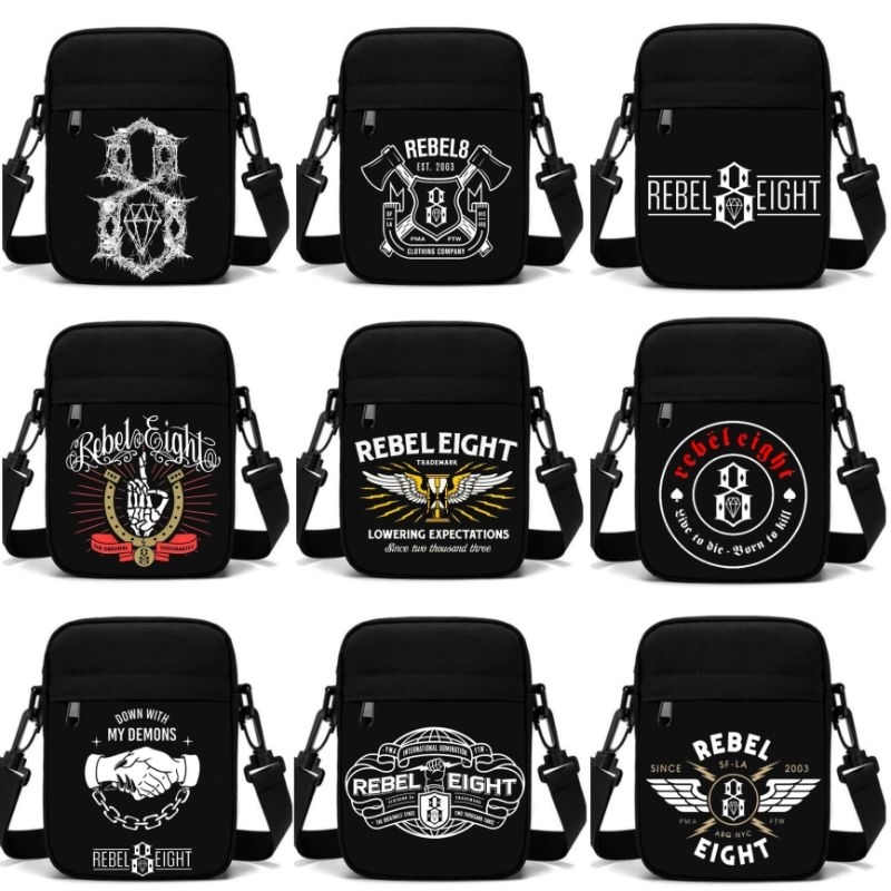 Hitam Rebel 8 Distro Black Sling Bag วัสดุ 100% Cordura Canvas / Rebel 8 Mini Sling Bag / Rebel 8 Distro Logo Mini Sling Bag