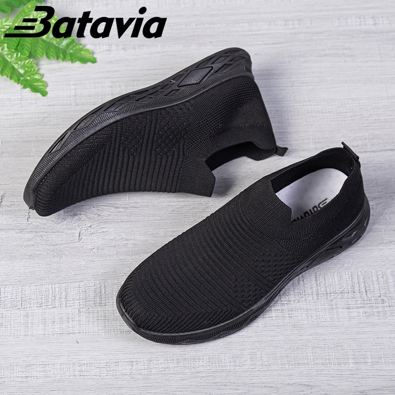 ต้นฉบับ BATAVIA MENS LIGHT BLACK SLIP-ON SENIOR CASUAL FLYKNIT BREATHABLE LIGHT SNEAKERS B33