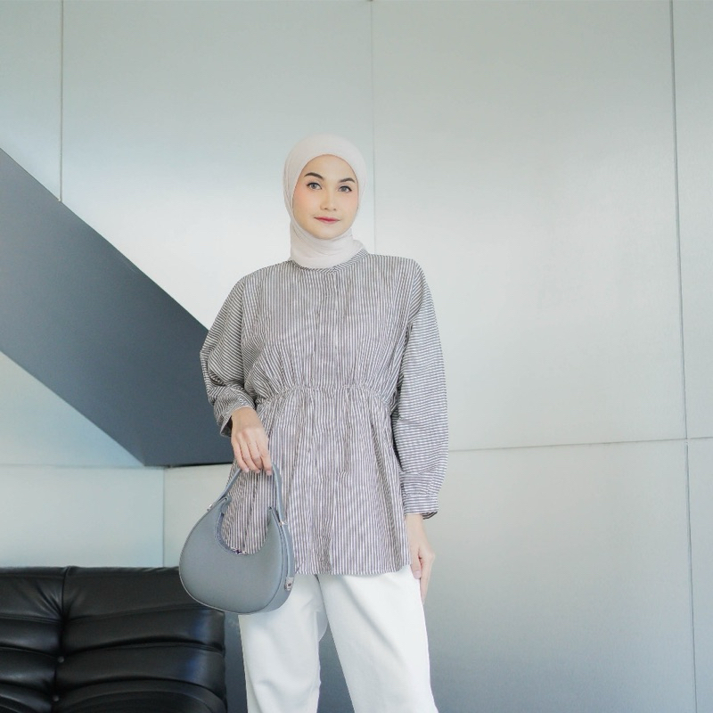 KEMEJA KATUN KARAYA COTTON STRIPE RUBBER SHIRT / WAIST PULL SHIRT / STRIP SHIRT / ROUND COLLAR SHIRT