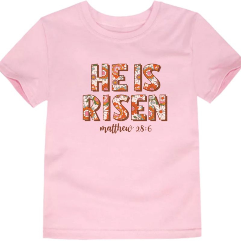 เสื้อยืด ผ้าฝ้าย พิมพ์ลาย KATUN Easter He is Risen Pink ไซซ์ดั้งเดิม สําหรับเด็ก และผู้ใหญ่
