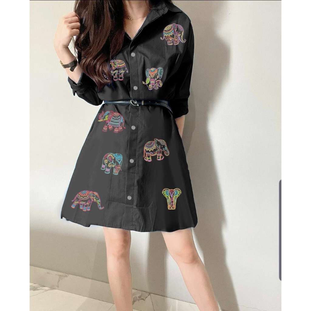 KEMEJA Bangkok Embroi Shirt Tunic Free Belt L / Gajah Bkk Womens Dress Shirt Top Plus Belt