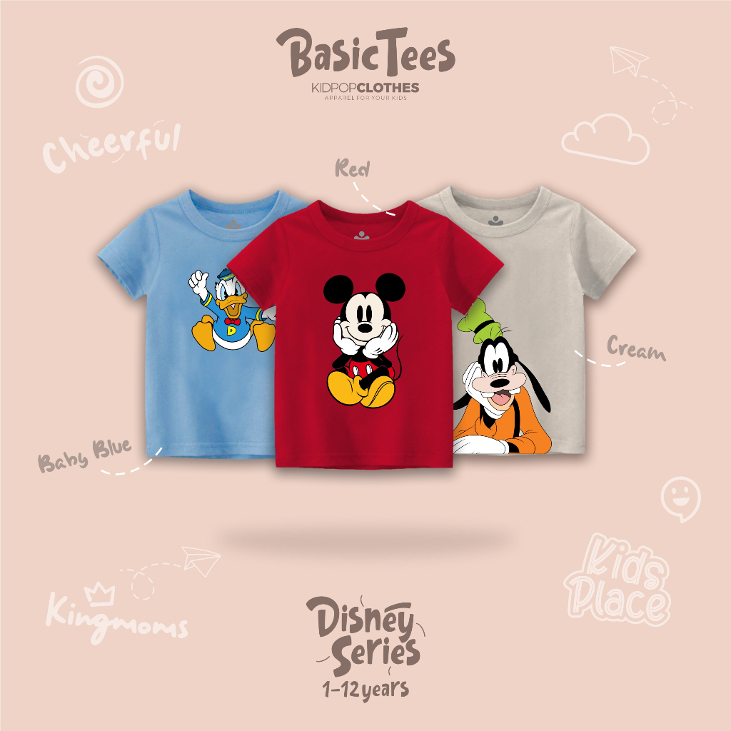 KIDPOP Disney Series เสื้อยืดเด็กอายุ 1-12 ปี Unisex Cotton 30s Donald Mickey Guffy