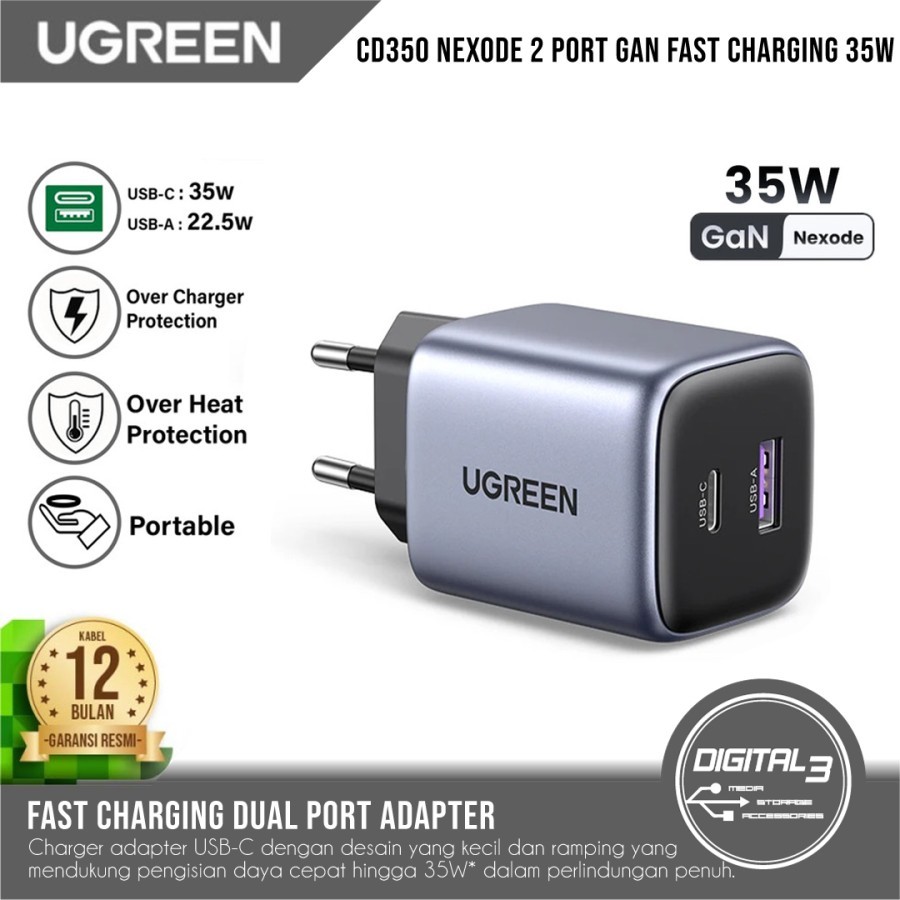 อะแดปเตอร์ติดผนัง Fast Charger UGREEN CD350 Nexode USB A Type C GAN 35W PD