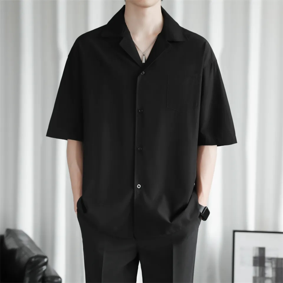 PUTIH HITAM KATUN KEMEJA เสื้อเชิ้ตชายหาดผู้ชายฮาวายสไตล์เกาหลี Plain Black White Navy Maroon Grey R