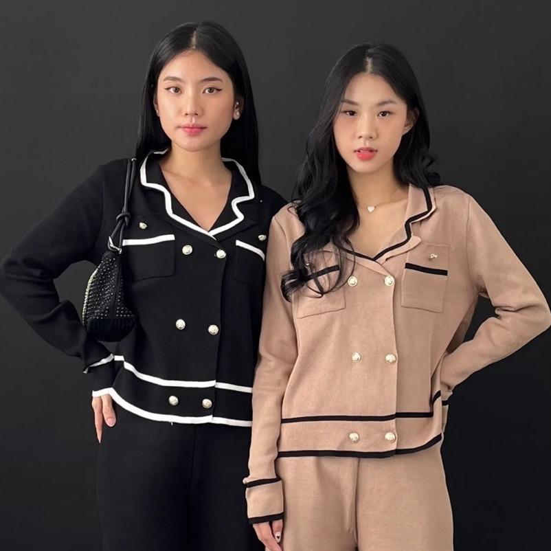 Dahye ชุดเสื้อและกางเกงผ้าถักเกาหลี - ชุดแขนยาวกระดุมทอง