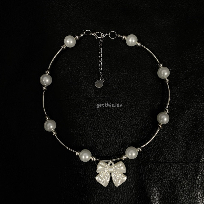 (GT0913) ลูกปัดสร้อยคอ ริบบิ้น ชาร์มสีขาว สไตล์ y2k | สร้อยคอลูกปัดสุนทรียศาสตร์ | รับนี้.idn