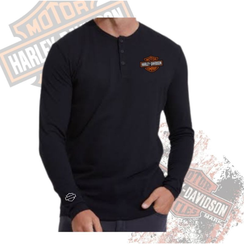 Henley เสื้อยืดแขนยาว Harley Davidson Logo T Shirt Button Premium Cotton Black