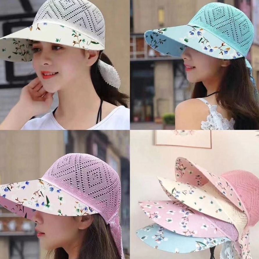 KP8 หมวกกระบังหน้าชายหาดสําหรับผู้หญิงลายดอกไม้ฤดูร้อนหมวกแฟชั่นสตรีผมหางม้าฟางแฟชั่น