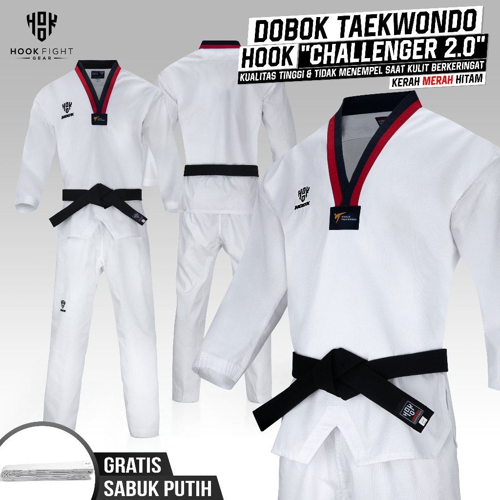 Hitam MERAH เสื้อเทควันโดสีแดงสีดําคอ Hook Dobok ชุดเทควันโด Dobok Taekwondo Fighter Uniform Hook D2