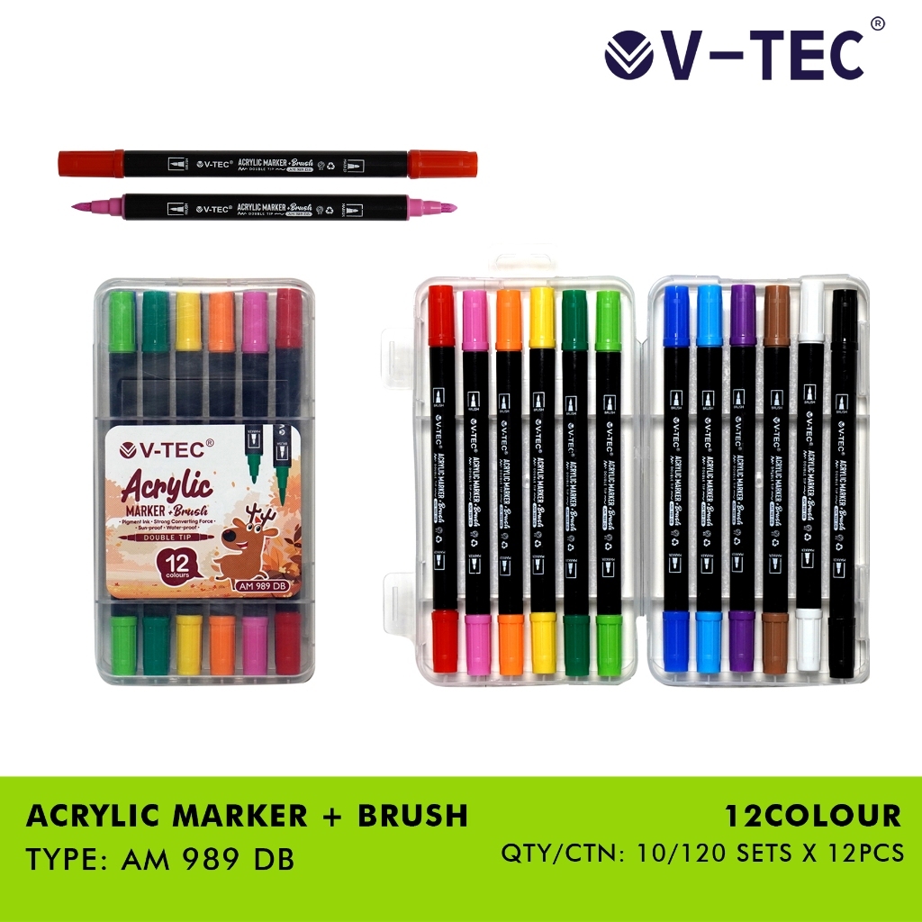 ACRYLIC MARKER ชุด 12 สี V-TEC ACRYLIC MARKER สี + ปากกาแปรง AM 989 DB