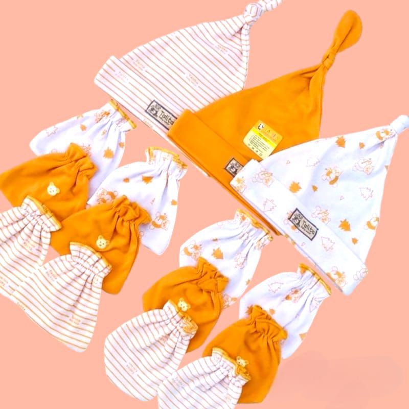 หมวก 3 ชิ้น + 3 ชิ้นของ NEWBORN ถุงมือเด็ก MUSTARD SERIES