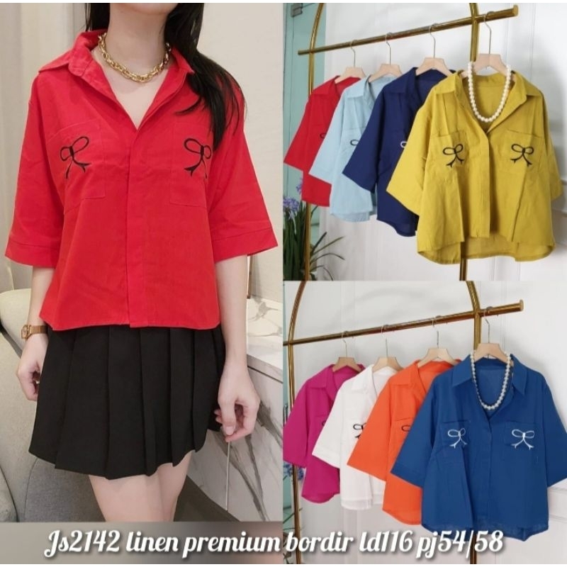KATUN KEMEJA JC88 - เสื้อริบบิ้น Chieko - เสื้อเชิ้ตผู้หญิง (LD 116 ซม.) เย็บปักถักร้อยผ้าฝ้ายผ้าลิน