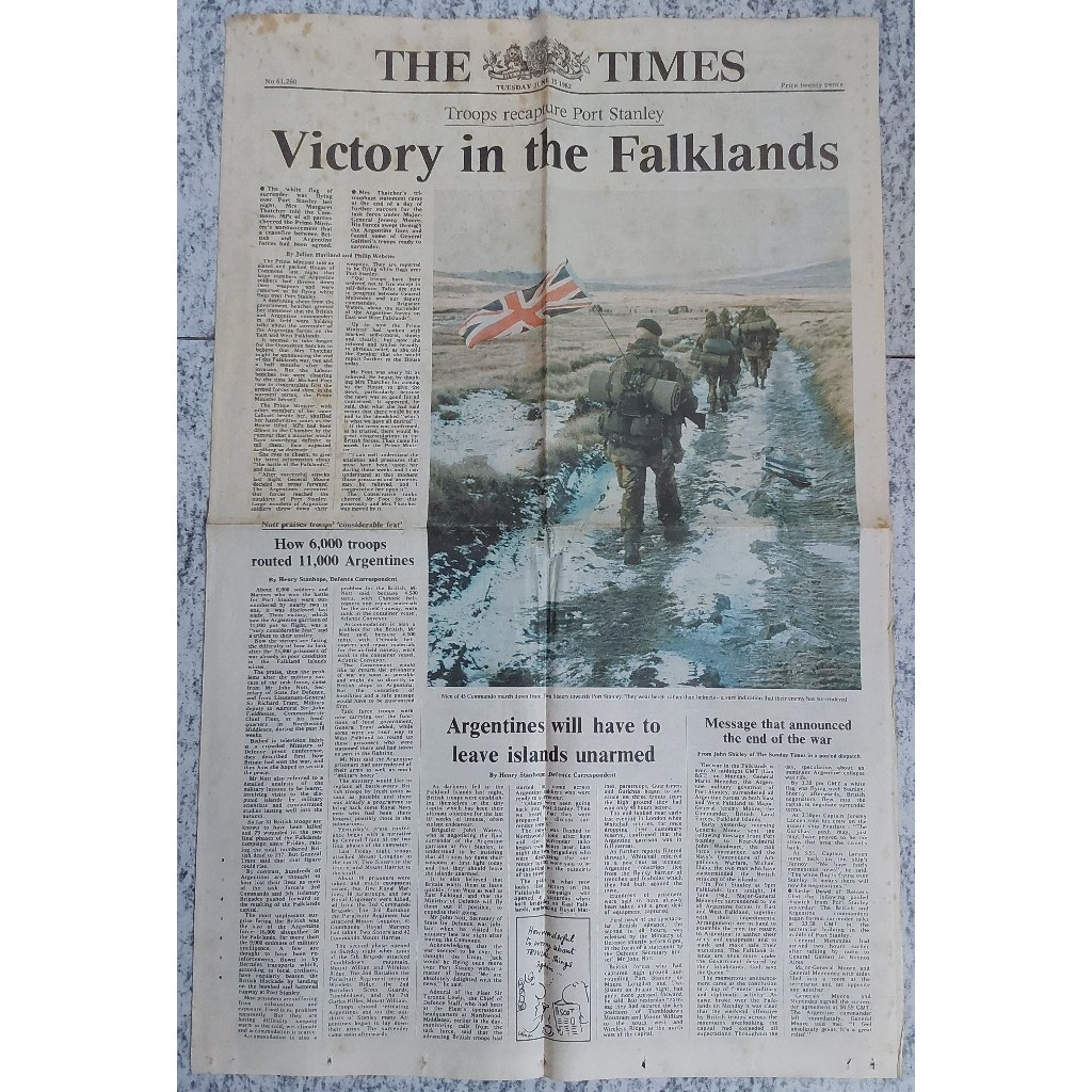 หายากมาก ไทม์ส หนังสือพิมพ์ วันอังคาร 15ไทย 1982 - ชัยชนะใน Falklands ต้นฉบับ 100% (หนังสือภาษาอังกฤ