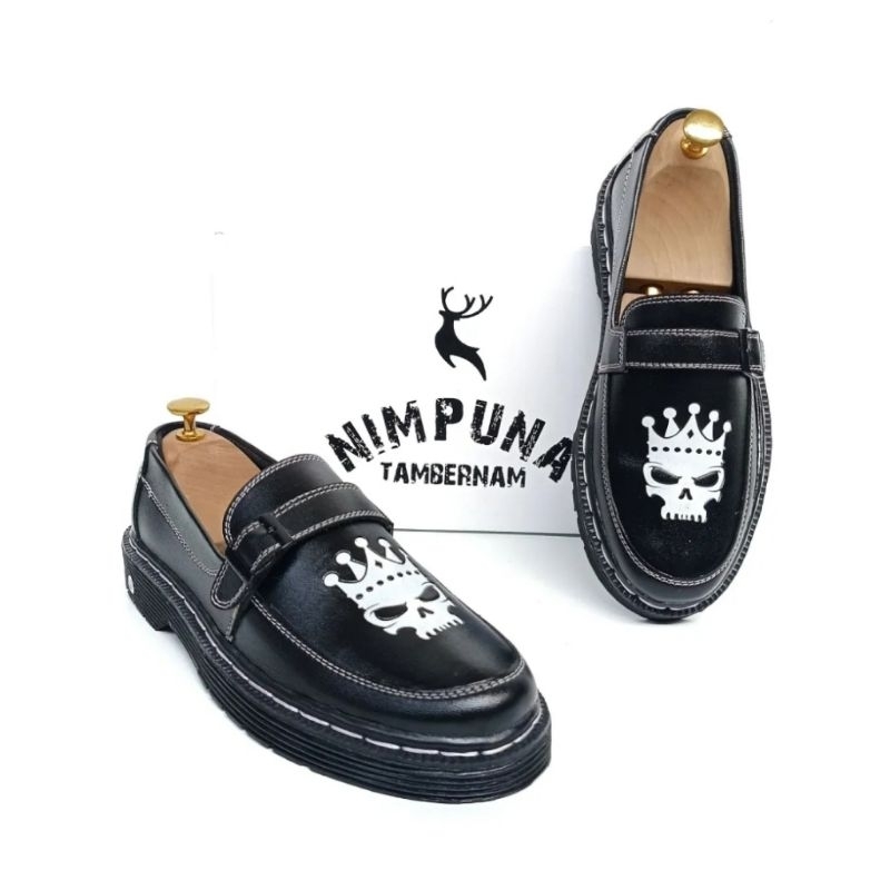 Hitam PUTIH Docmart รองเท้าทางการผู้ชาย Penny Loafers Skull Leather สีดําและสีขาว