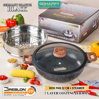 WOK PAN JERMAN 32CM+STEAMER Gohappy germany Granite Black SUPER KUAT 3XLEBIH TEBAL Non Stick / Alat Masak Wokpan TERBESAR dengan Panci Kukus Granit