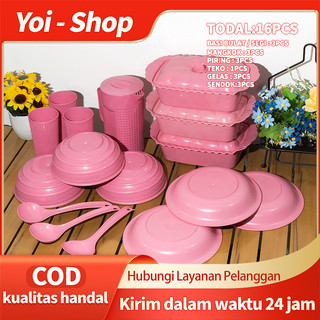 Yoi - SET 16 Pcs  Set Peralatan Makan / Set Piring, Mangkuk, Teko, dan Gelas / Cocok untuk Acara Makan Bulat yang Spesial / Sendok 3 Pcs Basi Bulat & Basi Segi 3 Piring 3 Mangkuk 3 Teko 1 Gelas Plastik