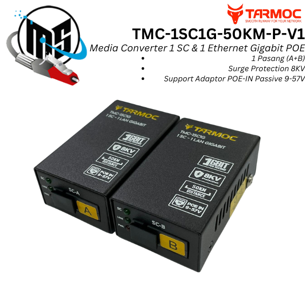 Tarmoc TMC-1SC1G-50KM-P-V1 | สวิตช์แปลงสื่อ 1FO 1LAN / 1 FO 1 LAN Gigabit POE IN 9-57 โวลต์ | 1SC 1L
