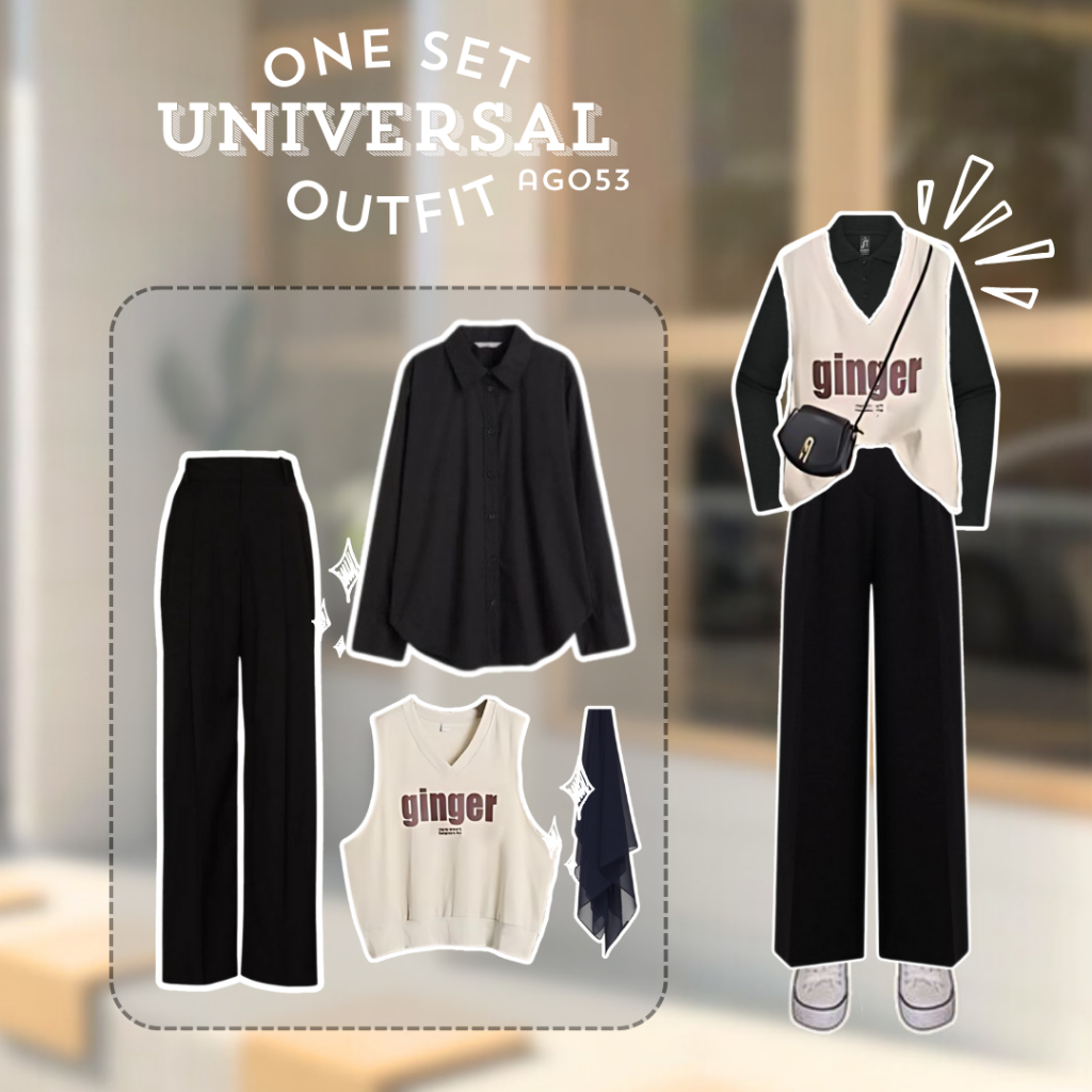 Hitam KEMEJA 4in1 ชุดชุดสไตล์เกาหลีสไตล์เกาหลีเสื้อกั๊กขิงเสื้อสีดํากางเกงสีดําชุดหนึ่งชุด Universal Cool แขวนชุด - AG053