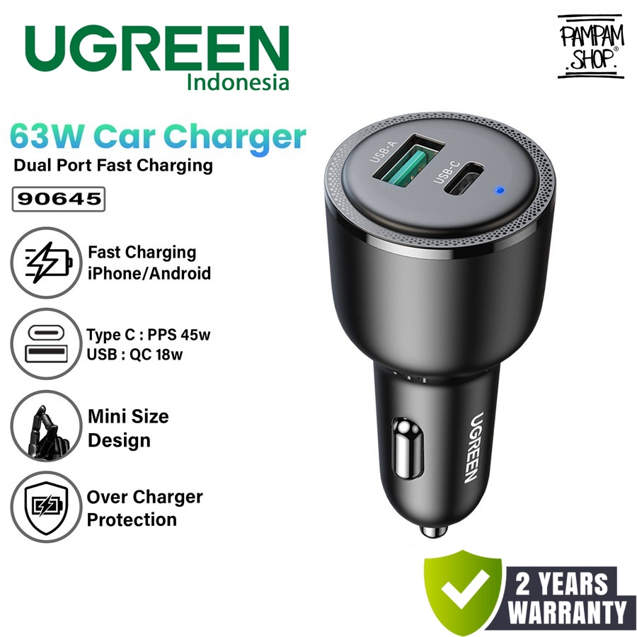 UGREEN 90645 Car Charger 63W Dual Port USB Type C PD QC Super Fast Charging Car Charger Saver Quick 