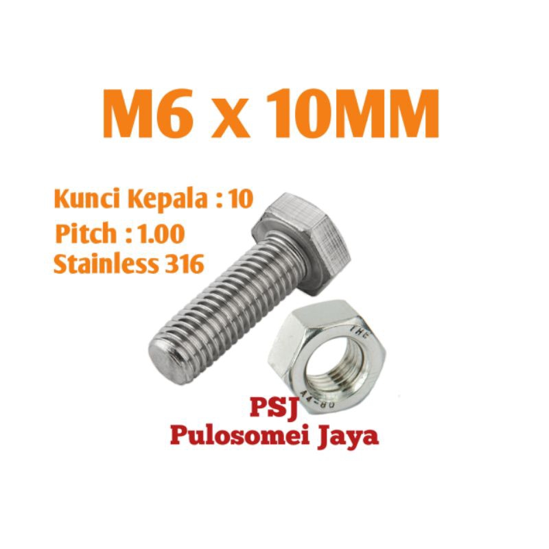 น็อตสลักเกลียวสแตนเลส M6 x 10 มม. / น็อตโบลต์สแตนเลส 316