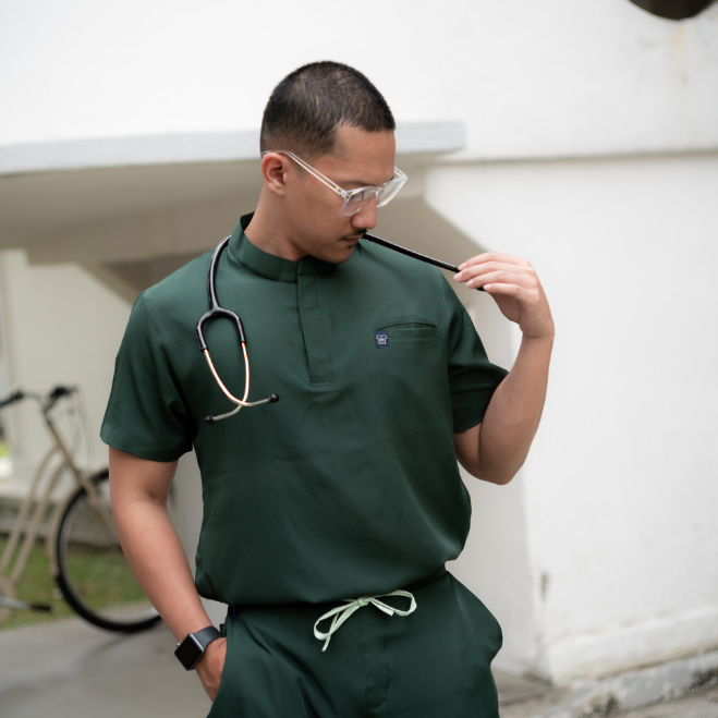 Mandarin SS - DARK GREEN Scrubs Theatre Blues Empiral Short Sleeve