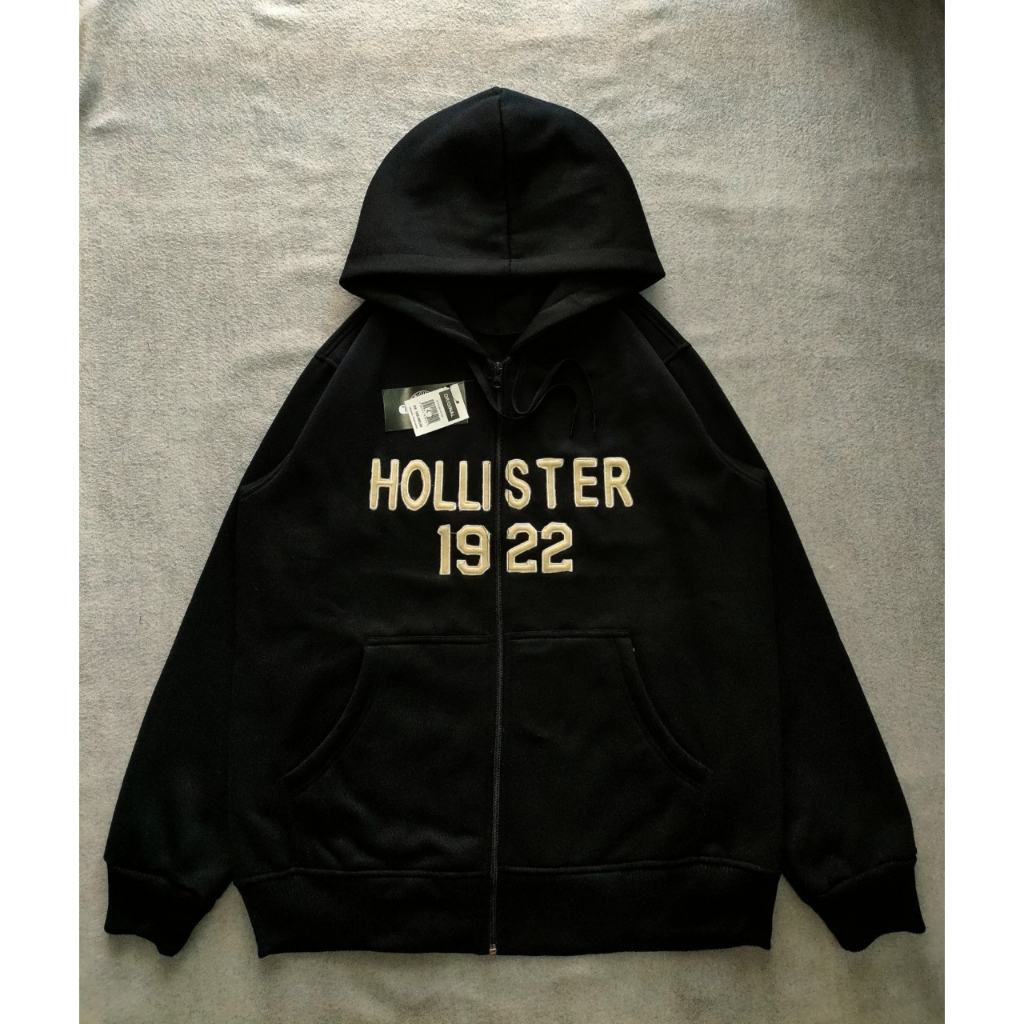 Hitam เสื้อฮู้ด Hollister สีดํา ซิปปักเต็มตัว