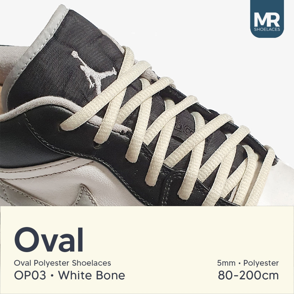 Putih Mr Shoelaces OP03 Bone White (กระดูกสีขาว) เชือกผูกรองเท้าโพลีเอสเตอร์ ทรงวงรี 5 มม. - ความยาวสาย 80 ซม. 90 ซม. 100 ซม. 120 ซม. 130 ซม. 150 ซม. 180 ซม. 200 ซม. สําหรับเชือกผูกรองเท้ากีฬา - เชือกผูกรองเท้าพรีเมี่ยม