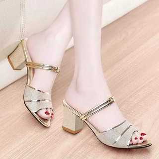 High heels 5cm wanita Selop Tali silang gliter AN 08