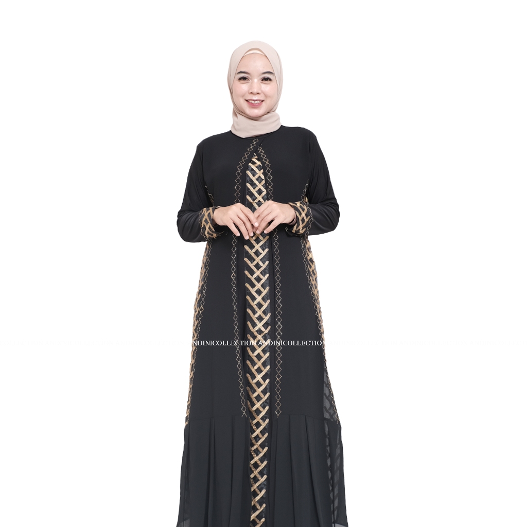 Putih HITAM Andinicollection Abaya ตุรกี 154 Amarta สีดําและสีขาวผู้ใหญ่มุสลิมหรูหราเย็บปักถักร้อยและเลื่อม