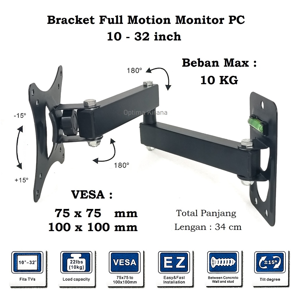ตัวยึดติดผนัง FULL MOTION 4-way MOTION Monitor PC TV 14 17 19 27 32 in Arm Single 34cm HY210 Vesa 10