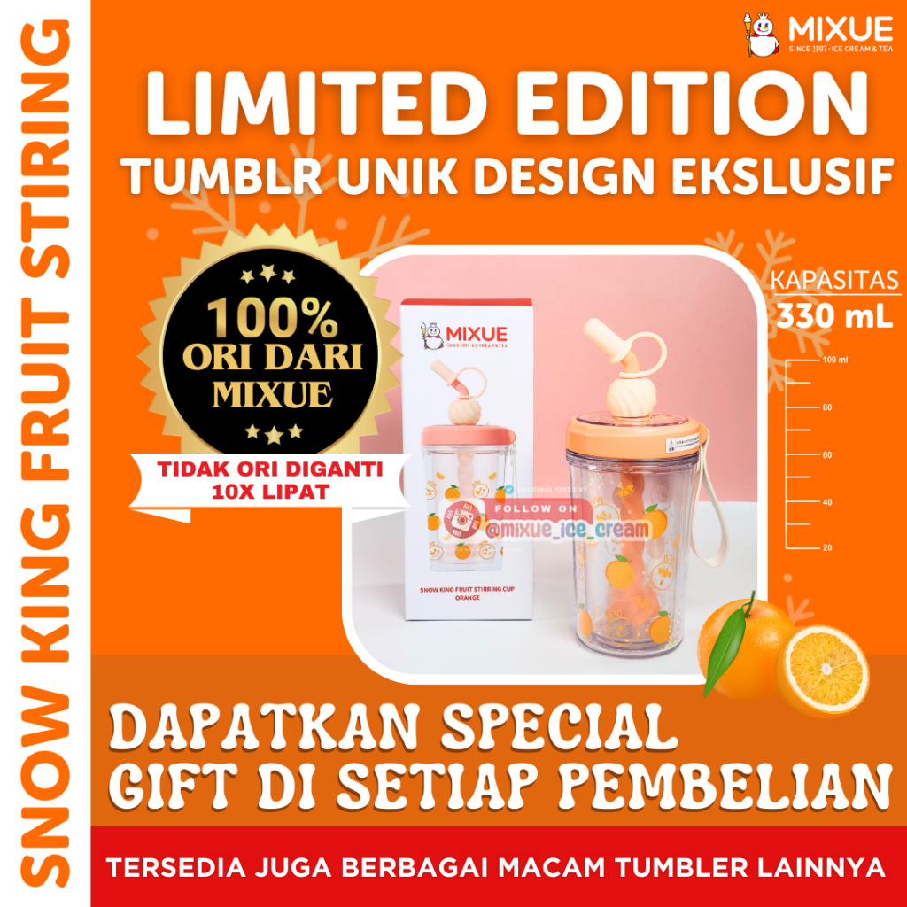 Popping Boba Nata Jelly - Snow King Fruit Stirring Cup สีส้ม 330 ML | แก้วน้ําขวด Mixue ของแท้ 100%