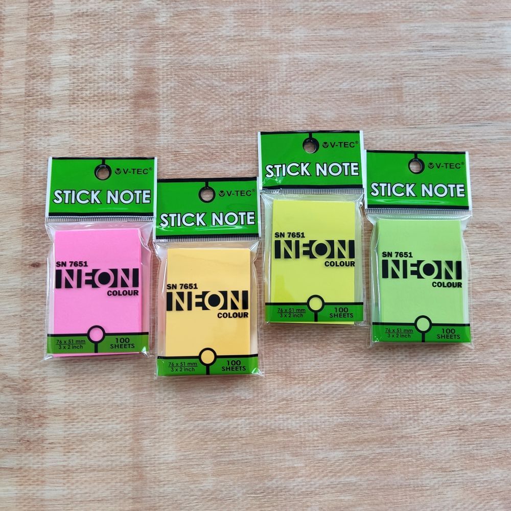 V-TEC Sticky Notes สีนีออน / สี Memo SN-7651 / 76 x 51mm 100 แผ่น