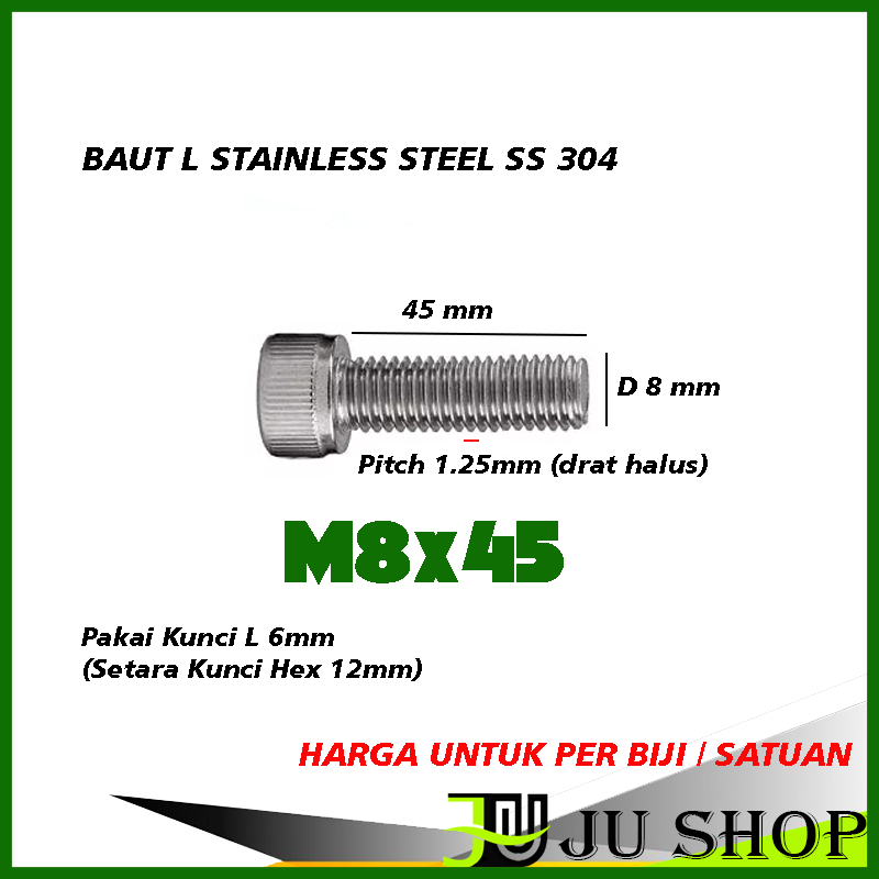 Bolt L M8x45 (SMOOTH) (12MM KEY / 6MM L key) สแตนเลส M8 x 45 SS304 (PRICE PER PIECE)