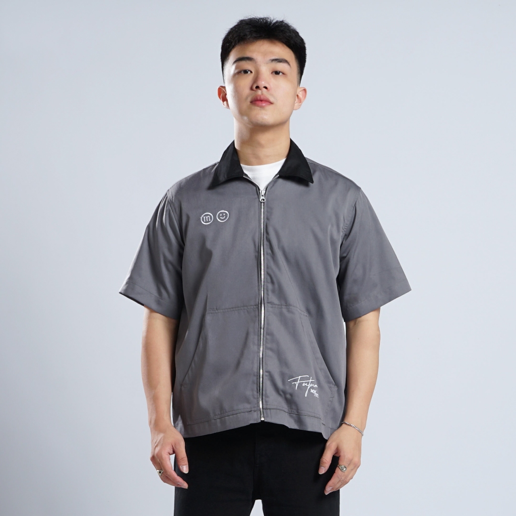 KEMEJA Mnst Work shirt Short shirt Zipper Grey Future