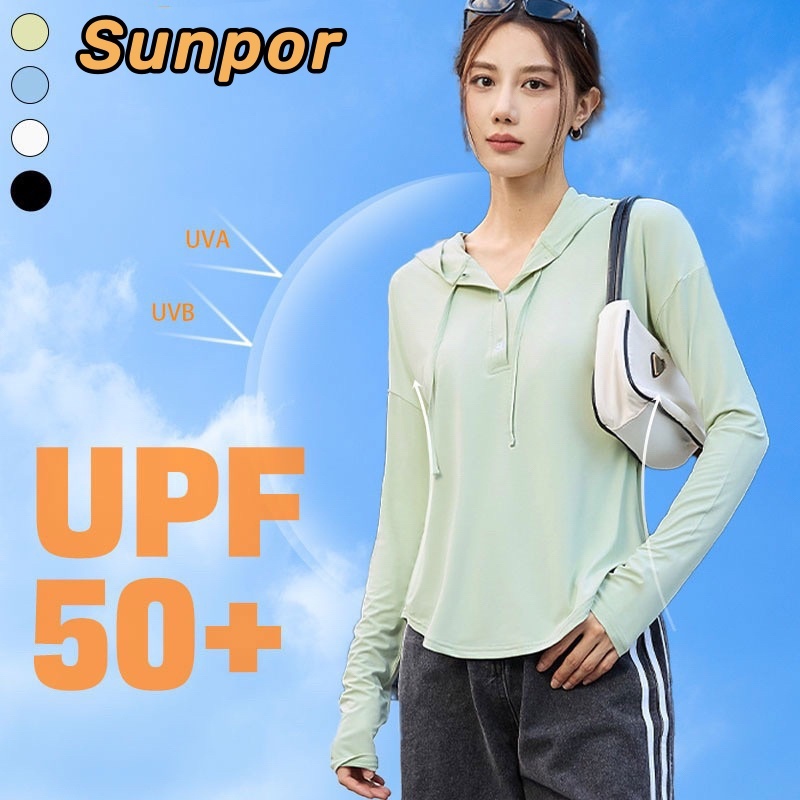 ผู้หญิงกีฬาเสื้อกันหนาวหมวกท็อปส์สตรีป้องกันรังสียูวีวอร์มแขนยาวกีฬาเสื้อยืด ขึ้น 50+