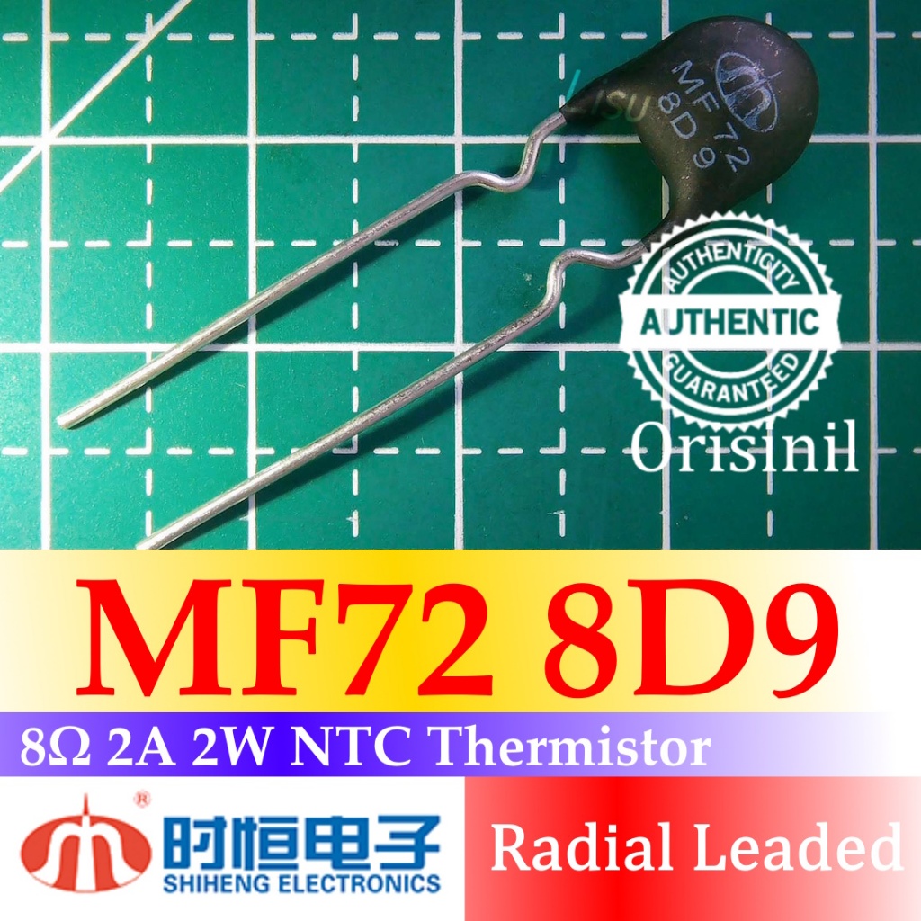 MF72 8D9 8 โอห์ม 2A 2W ±20% 2800K ±10% NTC Thermistor MF72-8D9 Radial Leaded Shiheng Electronics Ori