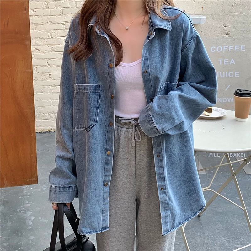 FORTEID WAREHOUSE สไตล์เกาหลี OUTFIT OVERSIZE DENIM JACKET เสื้อเชิ้ตผู้หญิง DENIM COLOR DENIM JACKE