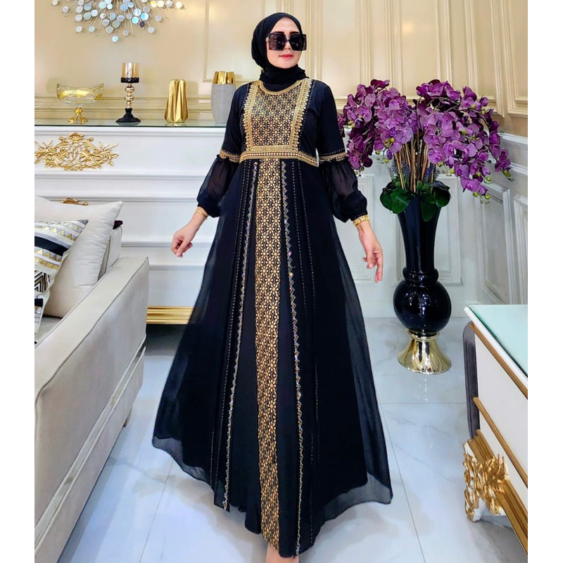 Hitam ตุรกี ABAYA GAMIS สีดํา EMBROIDERED SAFIRA HAND BALLOON COUPLE MOTHER CHILD 5-12 ปี BACK STRAP