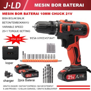 JLD 21V mesin bor baterai set bor cas 10mm bor tangan listrik bor kayu bor tembok bor beton screw driver cordless drill variable speed