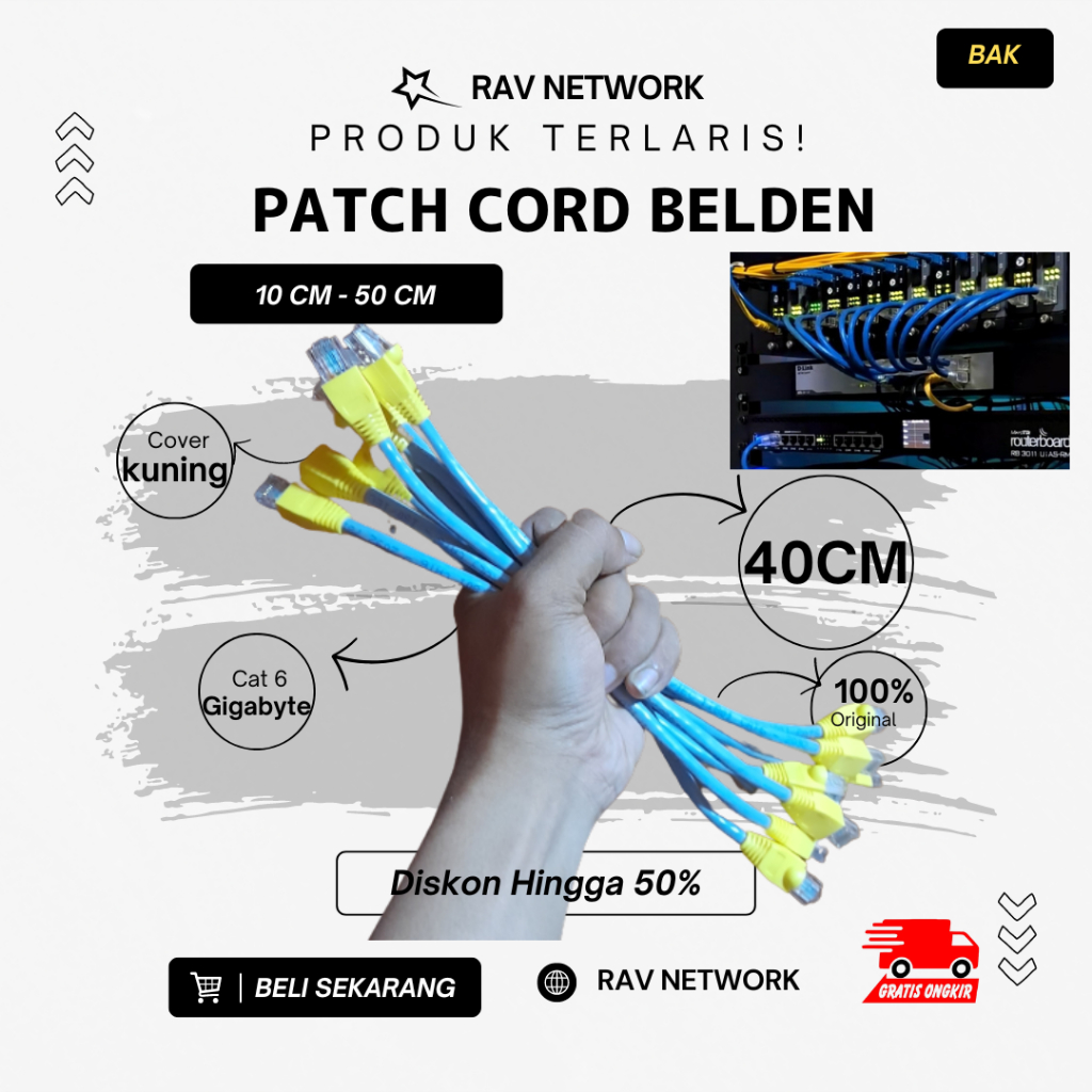 RAV BELDEN SERVER LAN CABLE 40 CM CAT 6 GIGABYTE BELDEN สีเหลือง