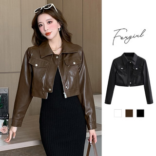 Dzakileather- Jaket Crop Wanita Saku Kancing Depan Tidak Berban Bawah