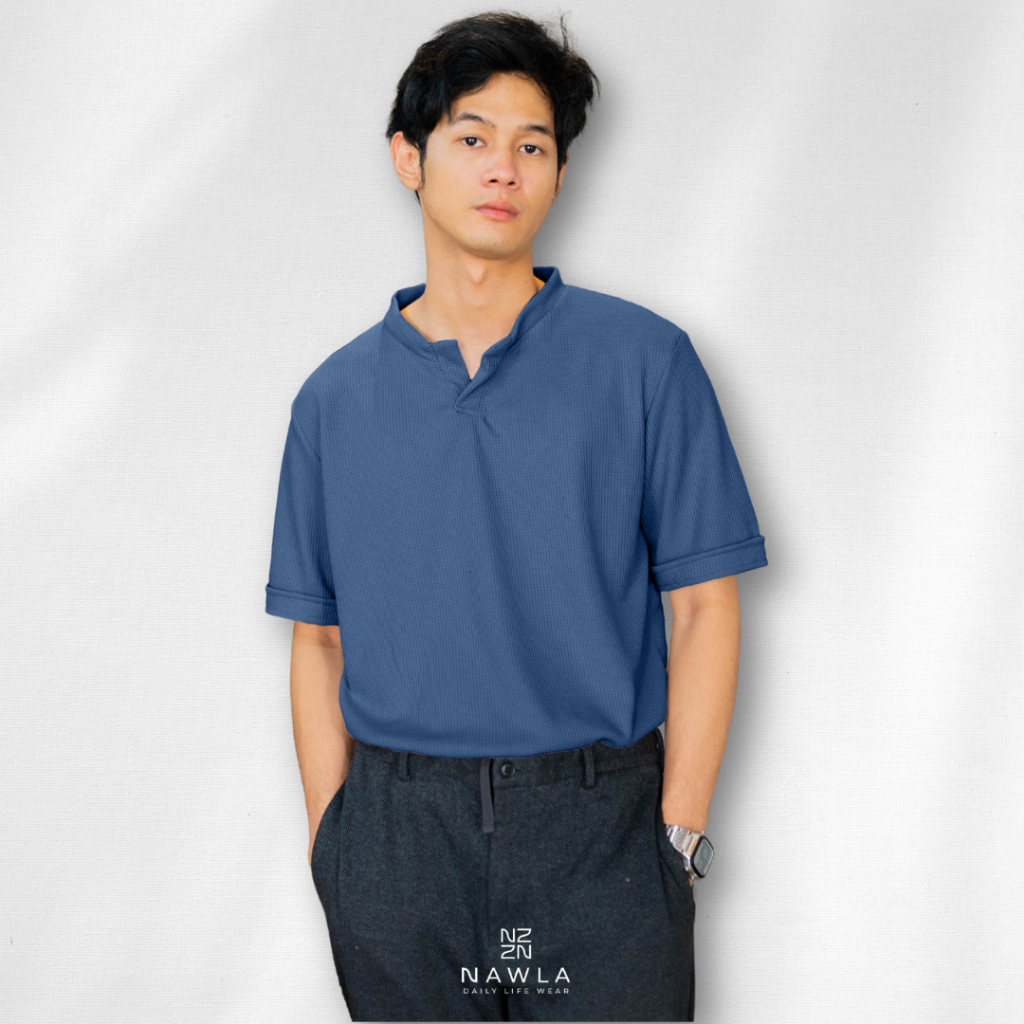 H&m Nawla - เสื้อคอวีแขนสั้น Waffle Knit | ชม.&เสื้อยืดเอ็ม | เสื้อยืด Uniqlo