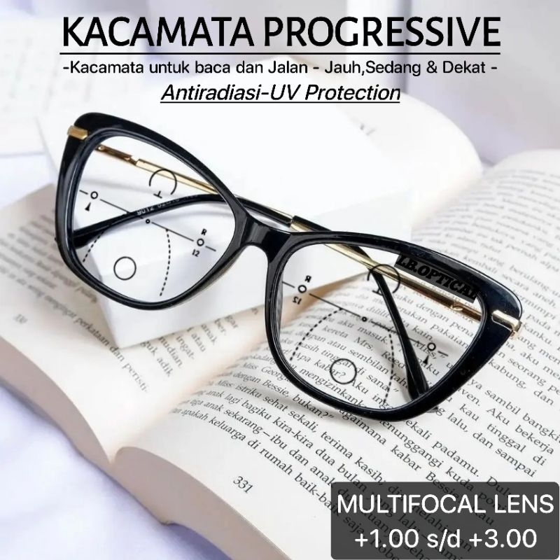Photochromic Progressive Reading And Walking Glasses Plus - กรอบสตรี - Progressive Anti Radiation - 9012