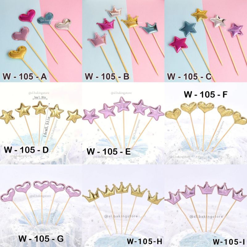 W-105 LOVE/STAR/CROWN/HEART/STAR/CROWN CAKE TOPPER GOLD, SILVER, PINK, BLUE