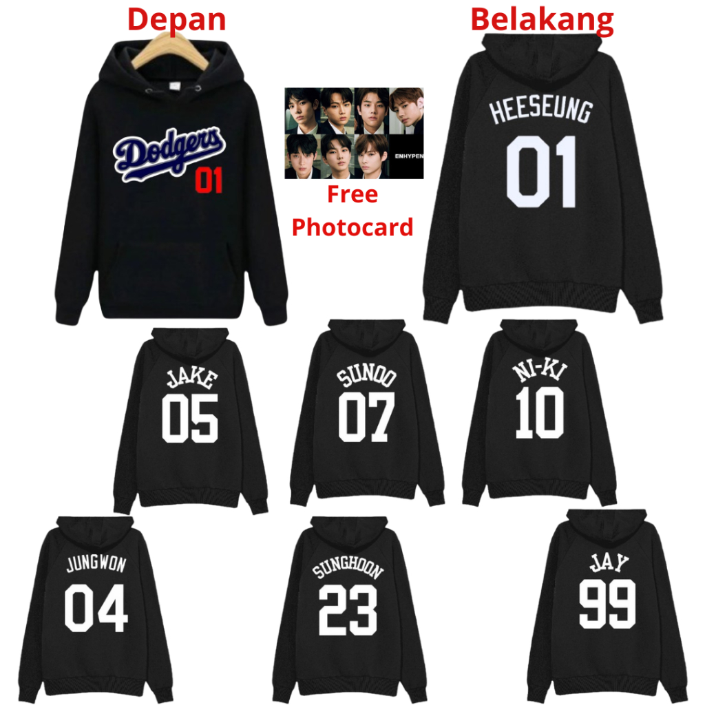 เสื้อฮู้ดสีดําหมายเลข ehypen พิมพ์หน้าจอ kpop dodges เกาหลีเบสบอล jay jake juungwon sunoo sunghoon n