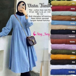 Vista Long Tunik Korean Style Wanita Linen Premium | Tunik Polos Kancing Depan Busui Friendly | Jumbo LD110 Baby Blue Outfit | Tunik Lebaran Aisysay