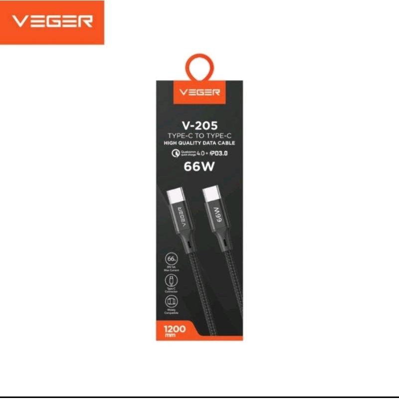 VEGER V205 สาย USB-C ถึง USB-C 67W / VEGER V205 66W TYPE C ถึง TYPE C QUICK CHARGE สายเคเบิลข้อมูล