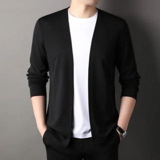 Kaos Lengan Panjang Cardigan V-neck Pakaian Kasual Pria Jahitan Mode Dua Badan Aktif Cowok Pull over  Atasan Kaus Rajutan Kekinian