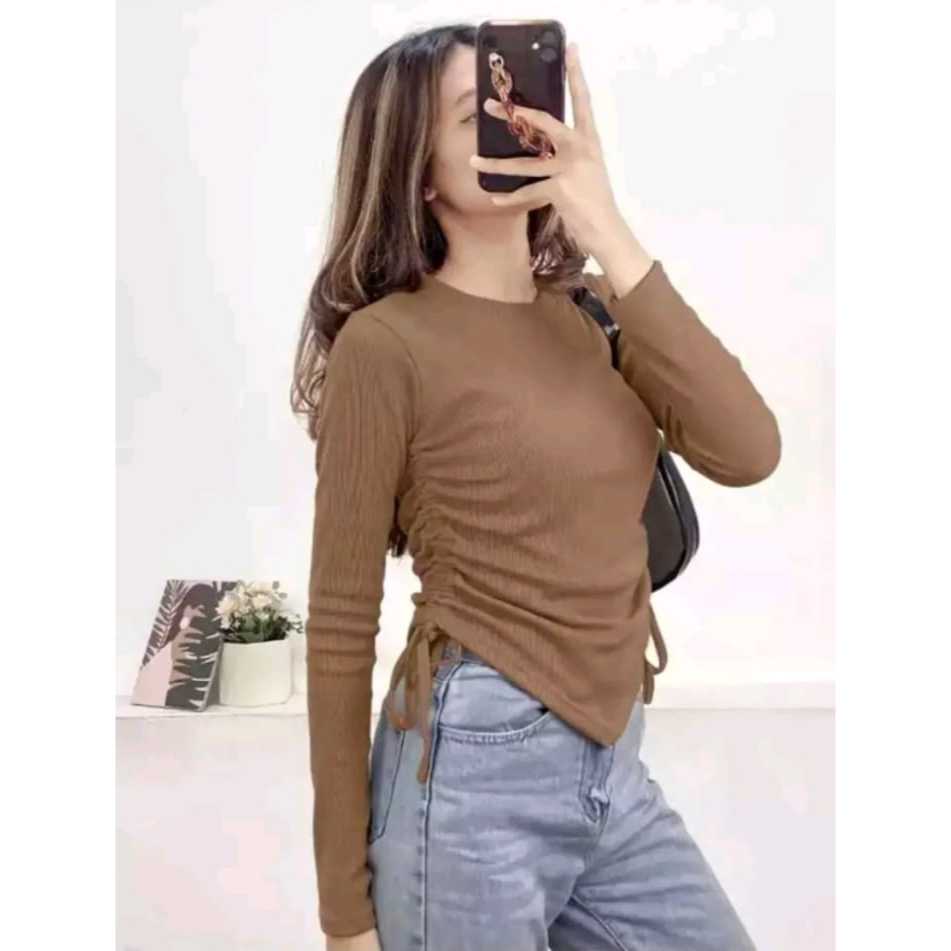 Knit Top Blouse Drawstring Side Crop Strap สไตล์เกาหลีใหม่ล่าสุด