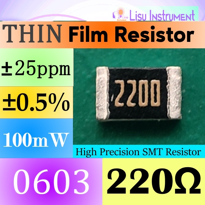 220Ω 0603 ±0.5% 100mW 75V ±25ppm/°C ตัวต้านทาน THIN ความแม่นยําสูง 220R ARG03DTC2200 เทคโนโลยีไวกิ้ง